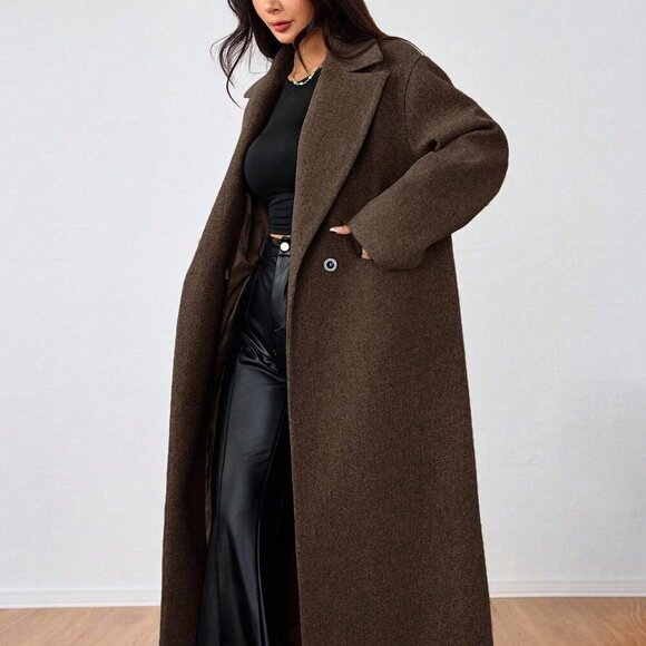Coffee Brown Casual Women's Lapel Long Coat - Picture 2 of 6